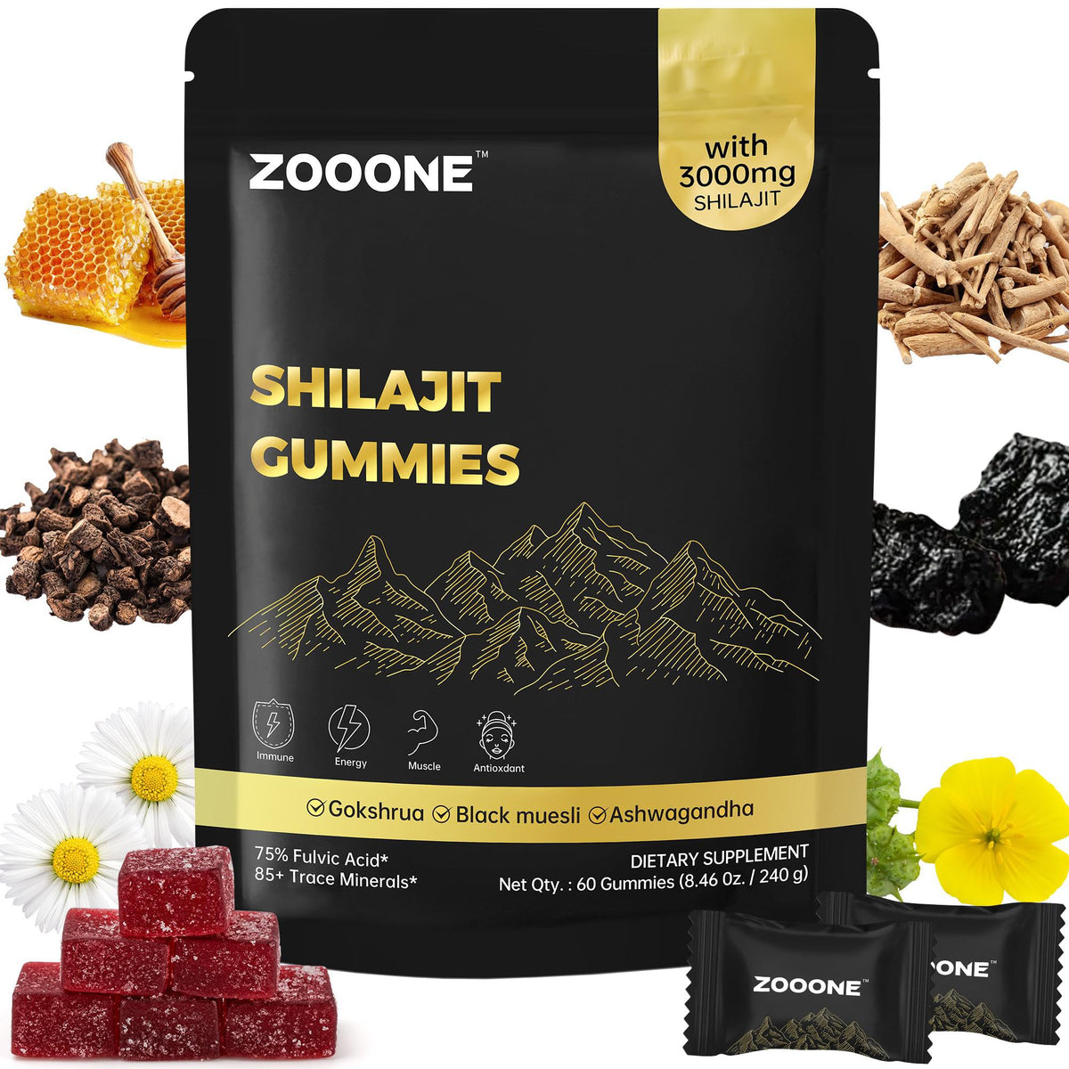 Gomitas zooone Shilajit en empaque individual para consumo cómodo.