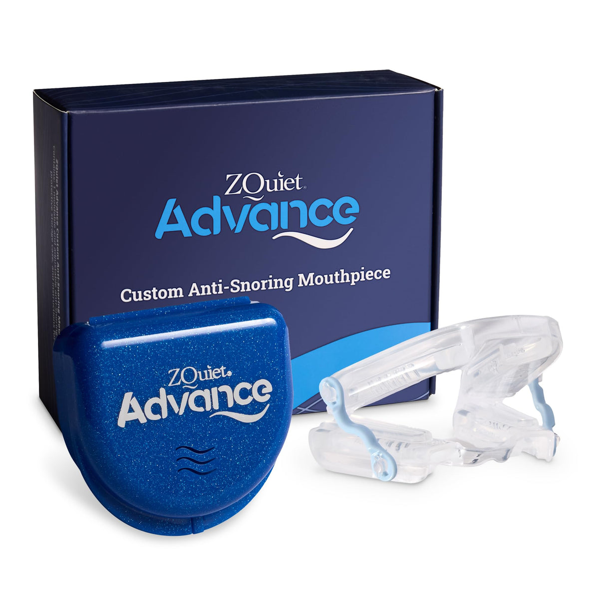 ZQuiet anti-ronquidos muestra avance mandibular con 4 correas para dormir más cómodo.