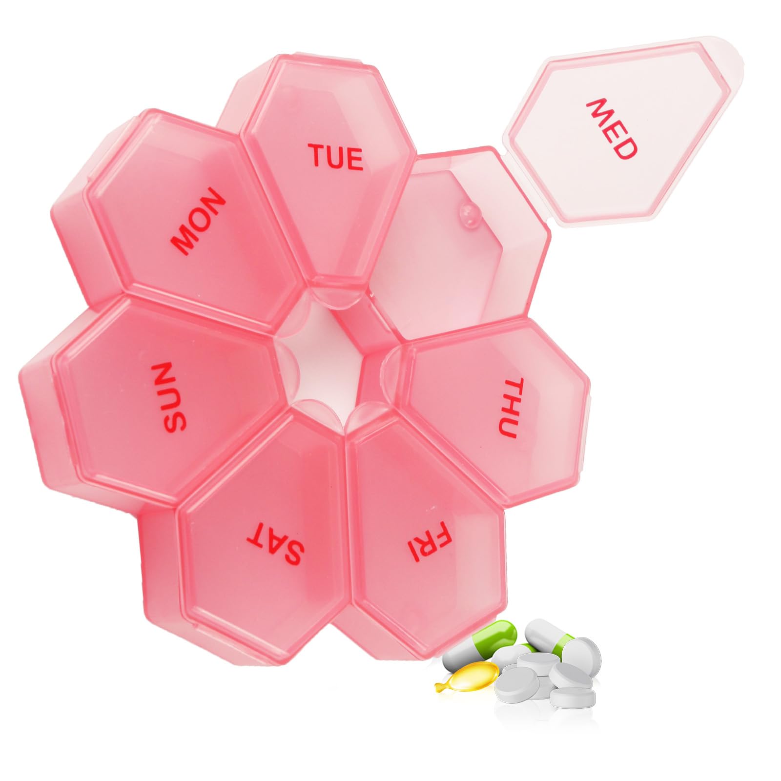 Zuiaso organizador semanal de pastillas en rosa, ideal para viajar sin perder dosis.