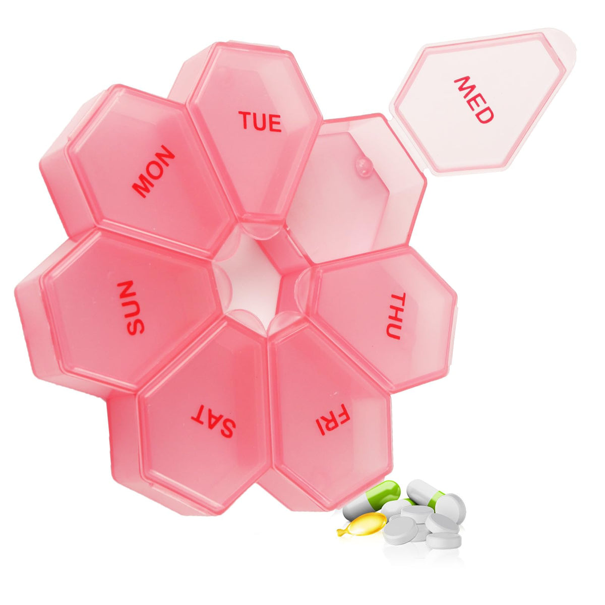 Zuiaso organizador semanal de pastillas en rosa, ideal para viajar sin perder dosis.
