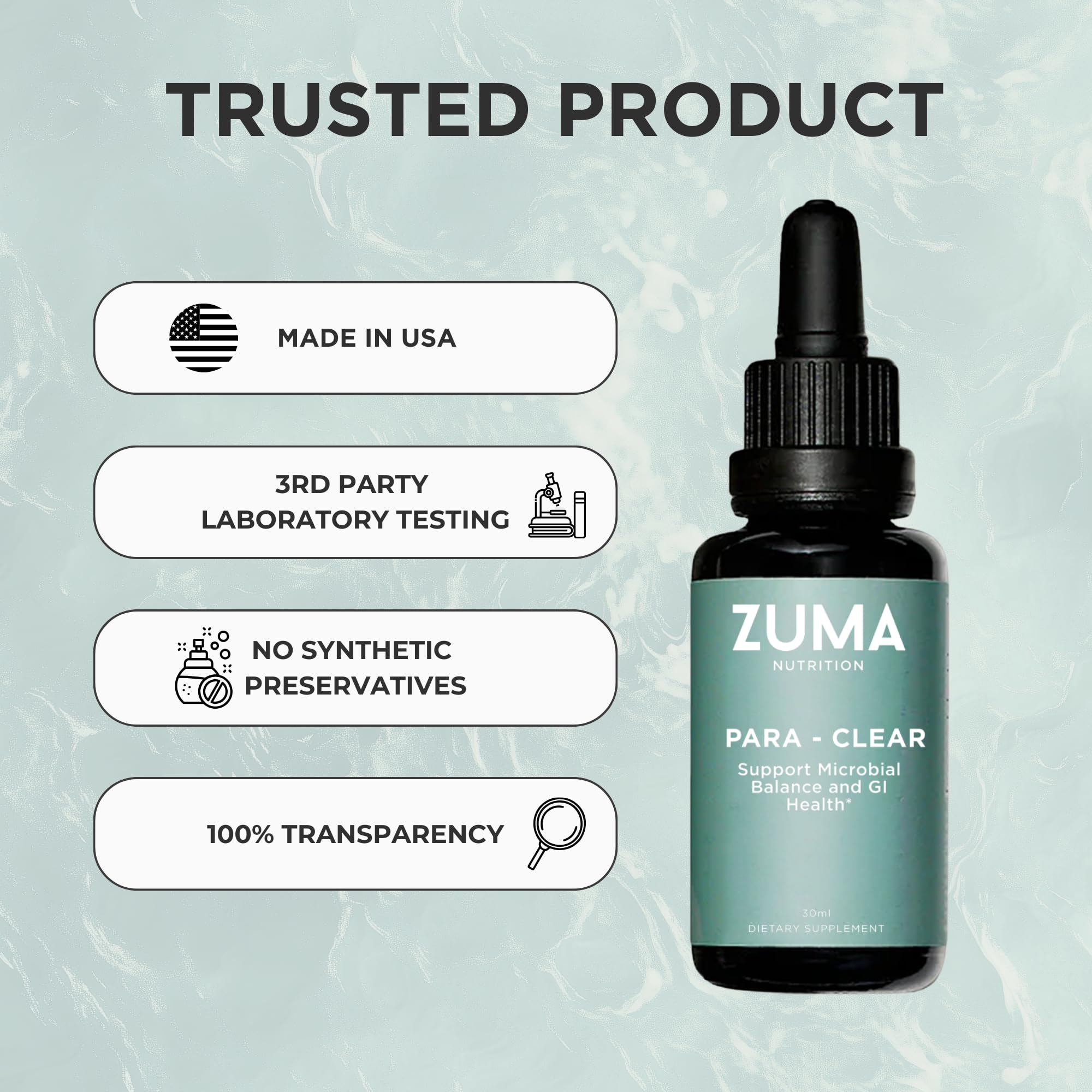 Etiqueta y frasco de Zuma Nutrition Para-Clear con aspecto natural y limpio.