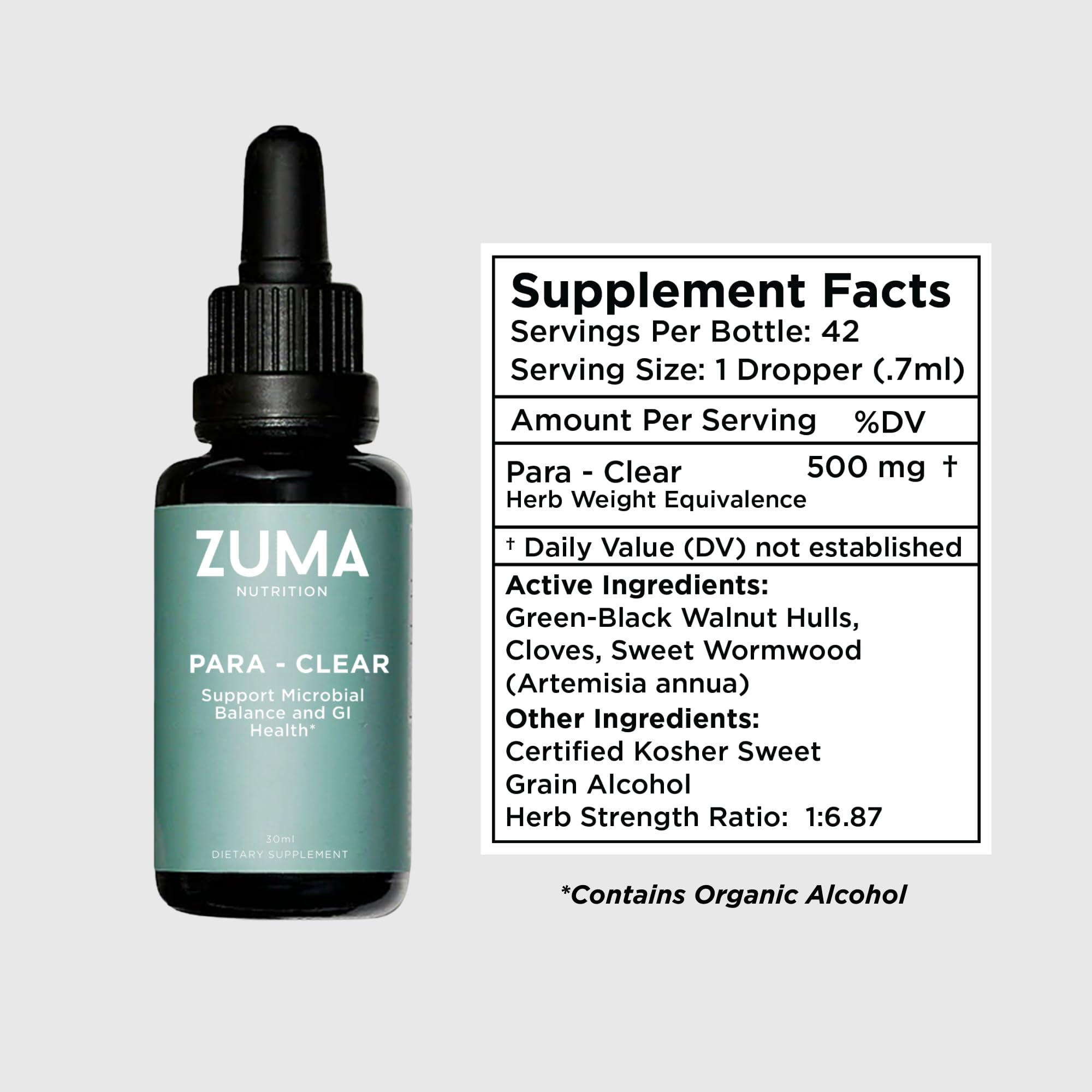 Zuma Nutrition Para-Clear, vista frontal de la botella para uso diario cómodo.