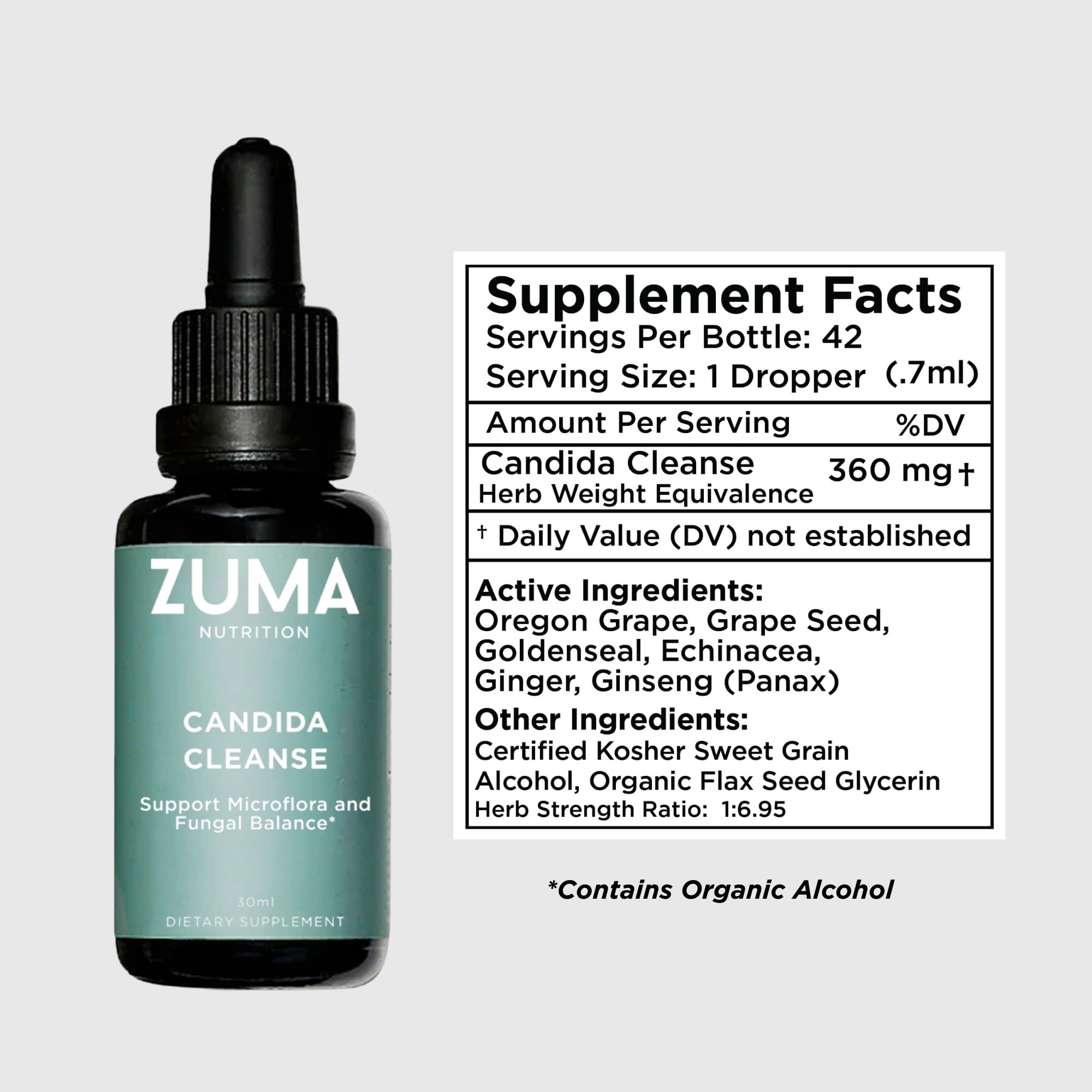 Primer plano de ingredientes del Tonico Balance de Zuma para vitalidad cotidiana.