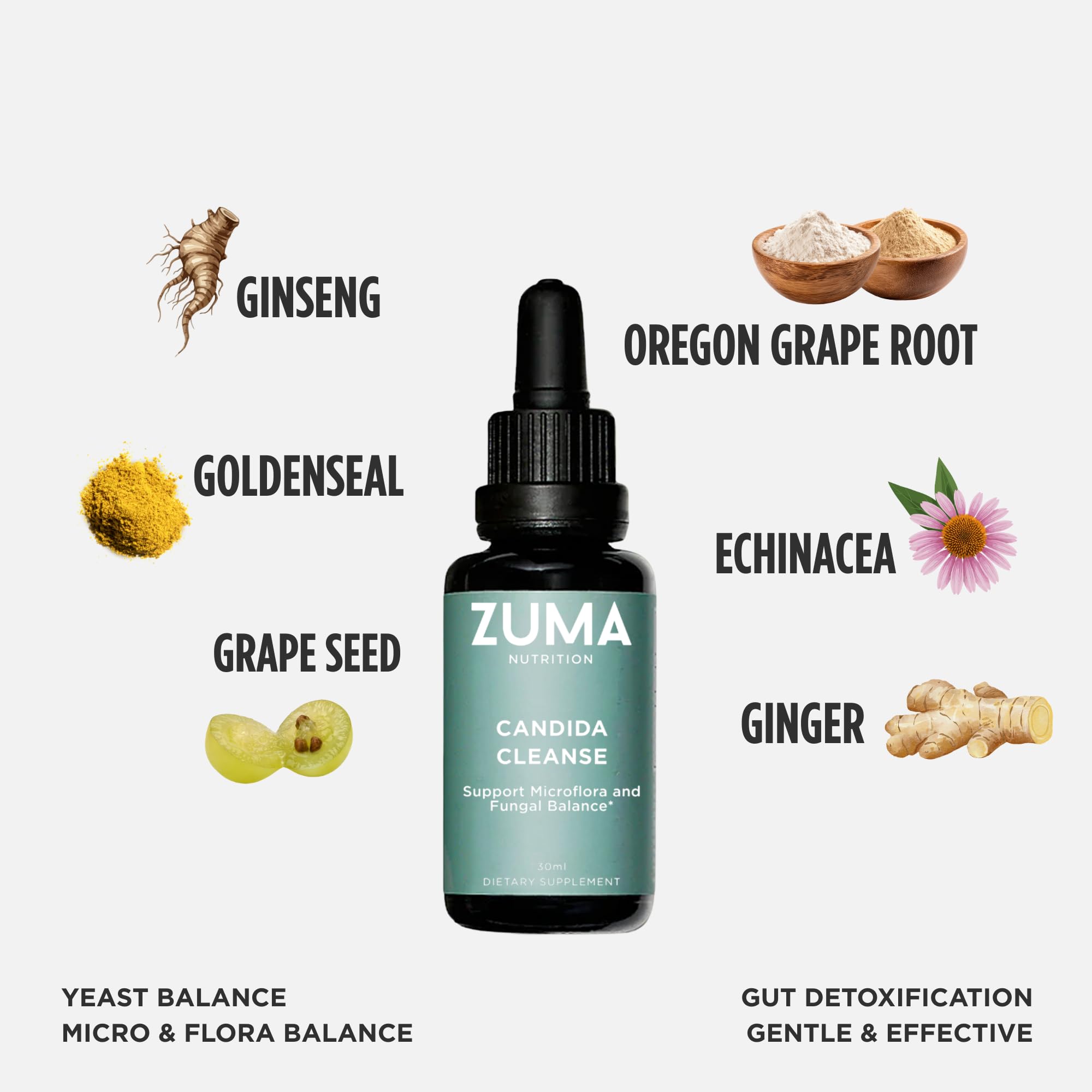 Raíces y hierbas seleccionadas en Tonico Balance de Zuma para equilibrio natural.