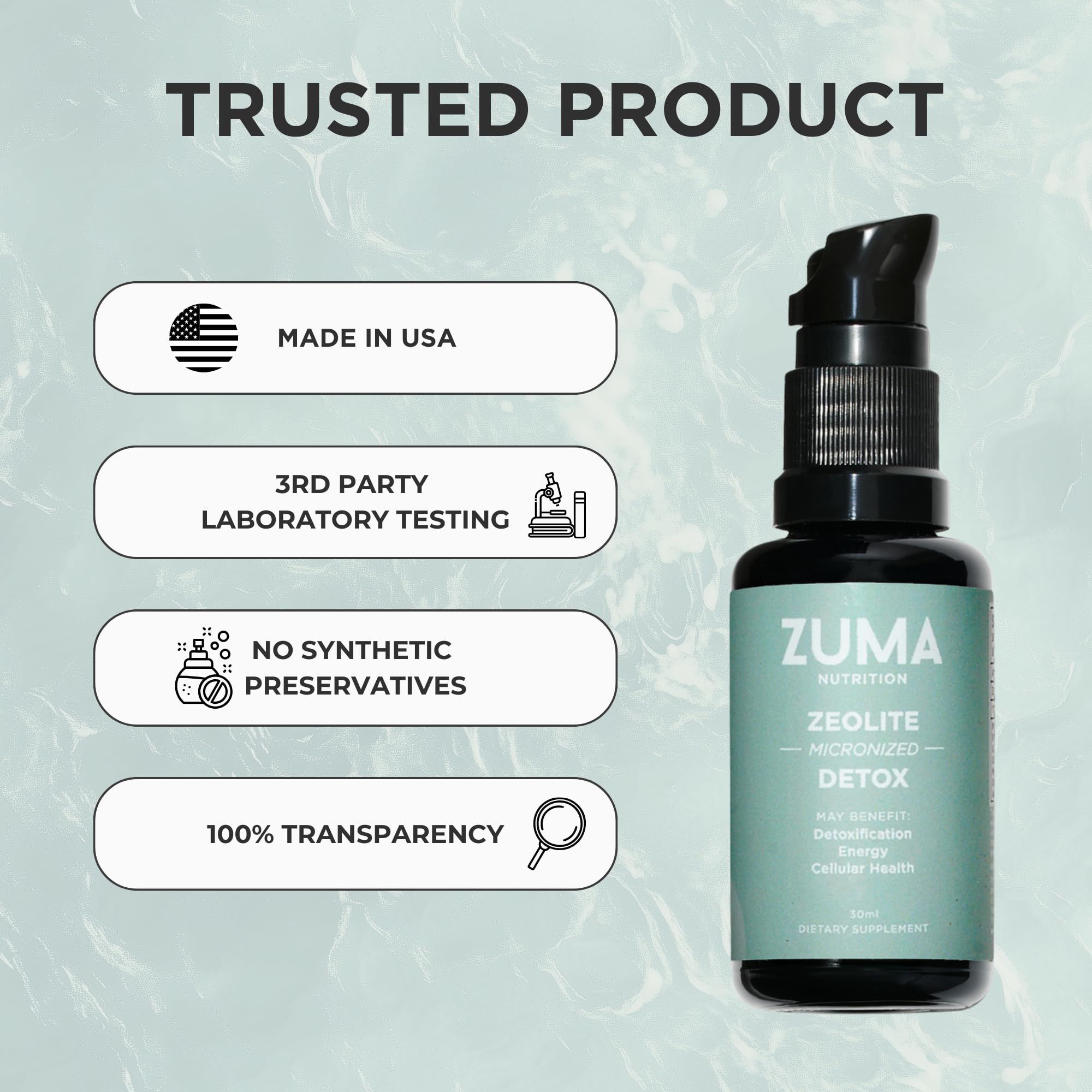 Aroma herbal suave en Zuma Nutrition Zeolita Tonico para bienestar diario.