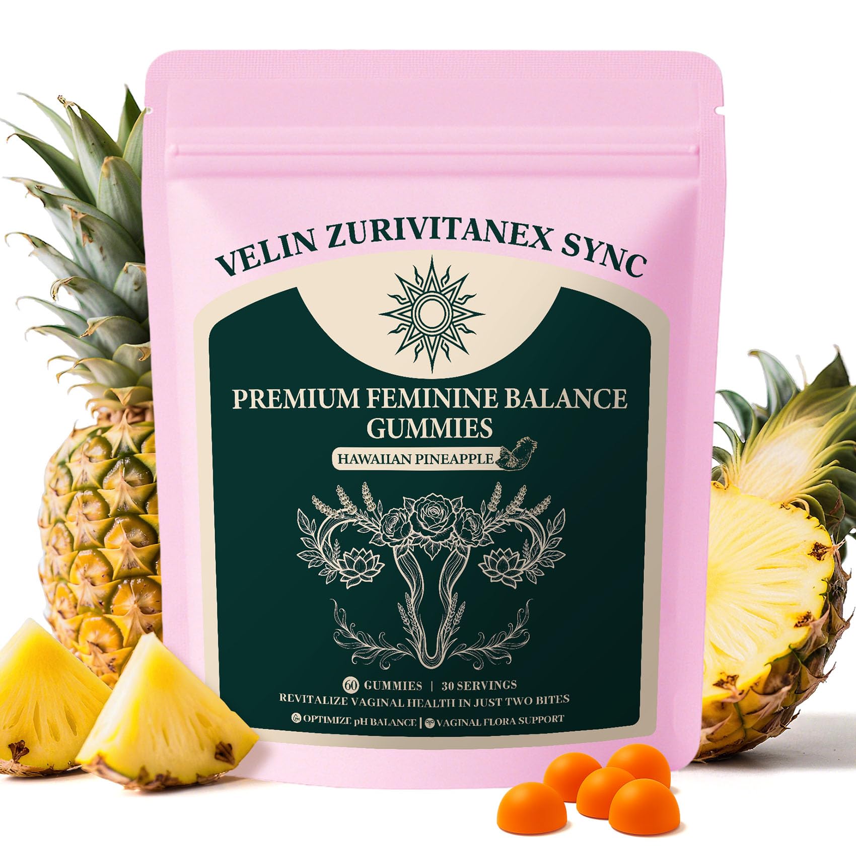 Gomitas ZuriVitaNex para equilibrio-femenino con sabor piña, uso diario.