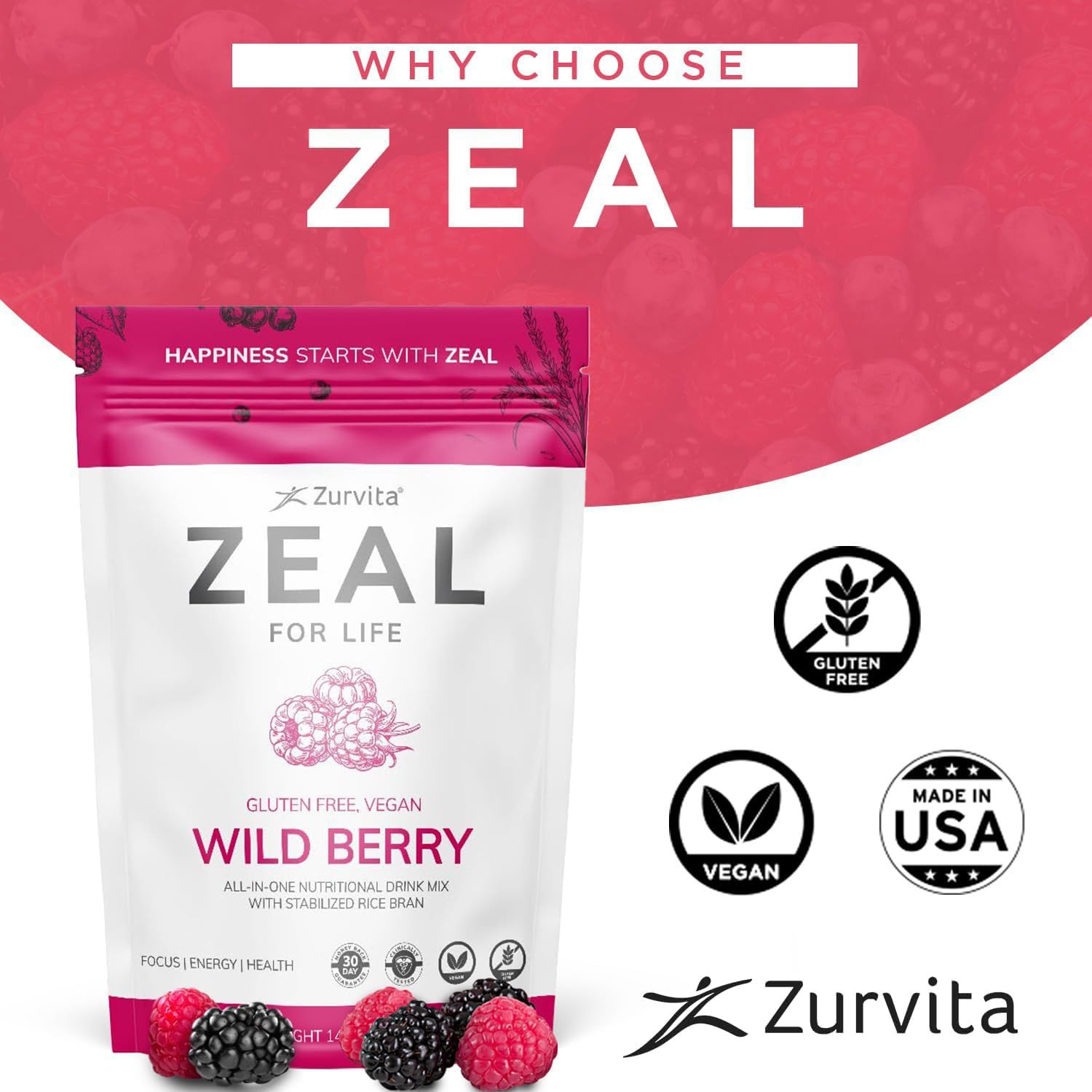 Zeal para la Vida, etiqueta vegana y sin gluten, apta para dietas.