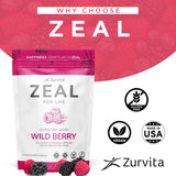 Zeal para la Vida, etiqueta vegana y sin gluten, apta para dietas.