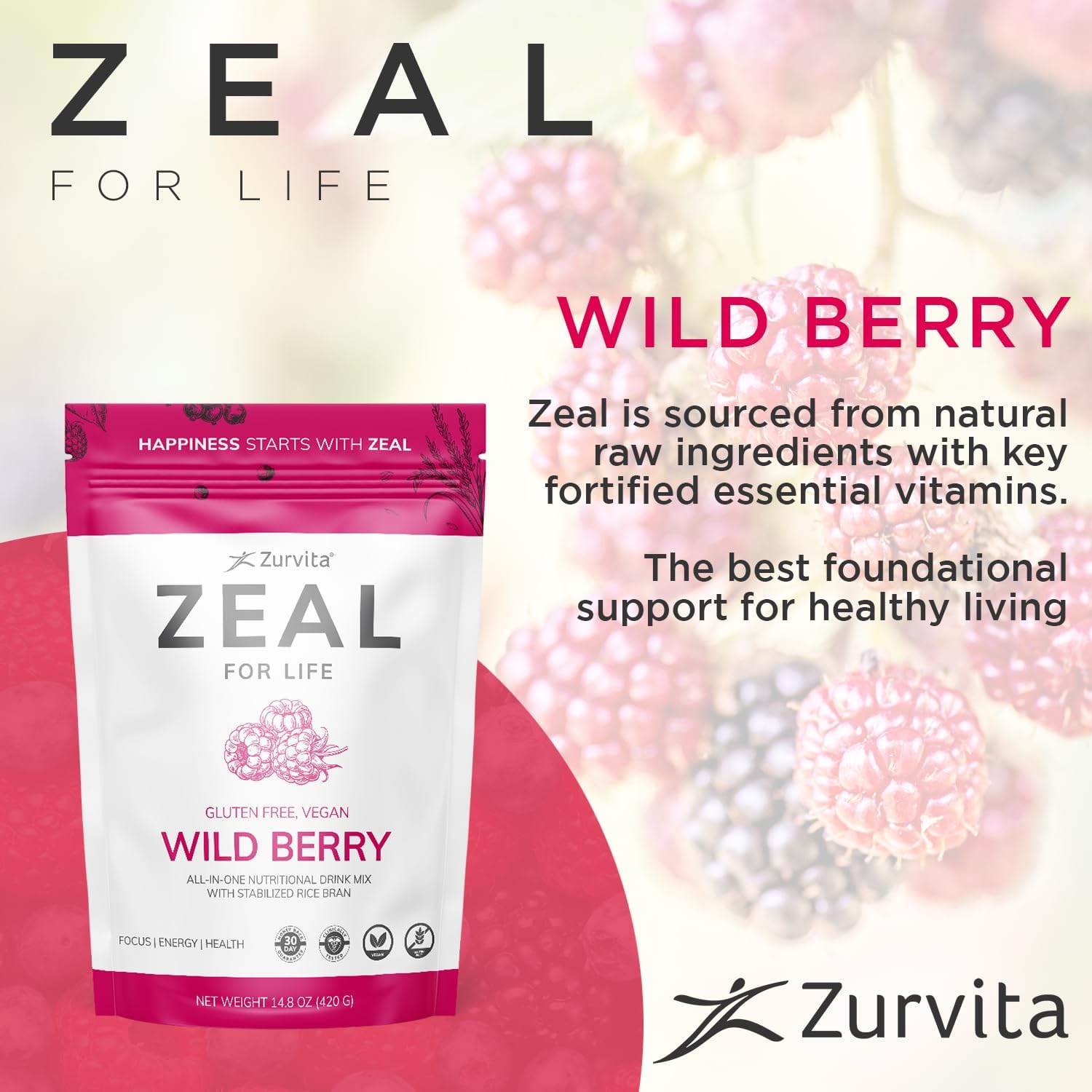 Zeal para la Vida, vaso con agua fría, sabor bayas para energía diaria.
