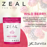 Zeal para la Vida, vaso con agua fría, sabor bayas para energía diaria.