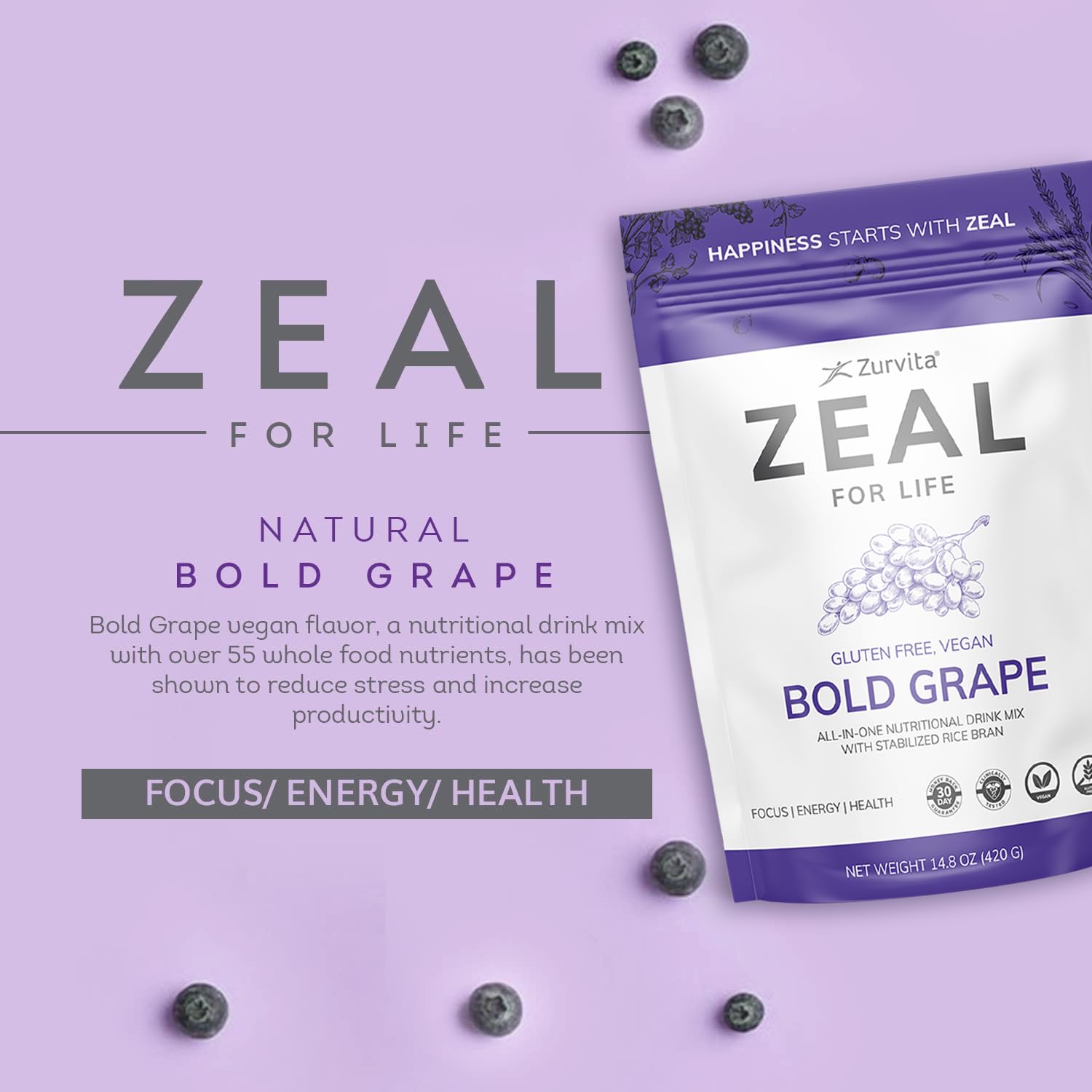 Zurvita Zeal para la Vida, etiqueta frontal que destaca el sabor.
