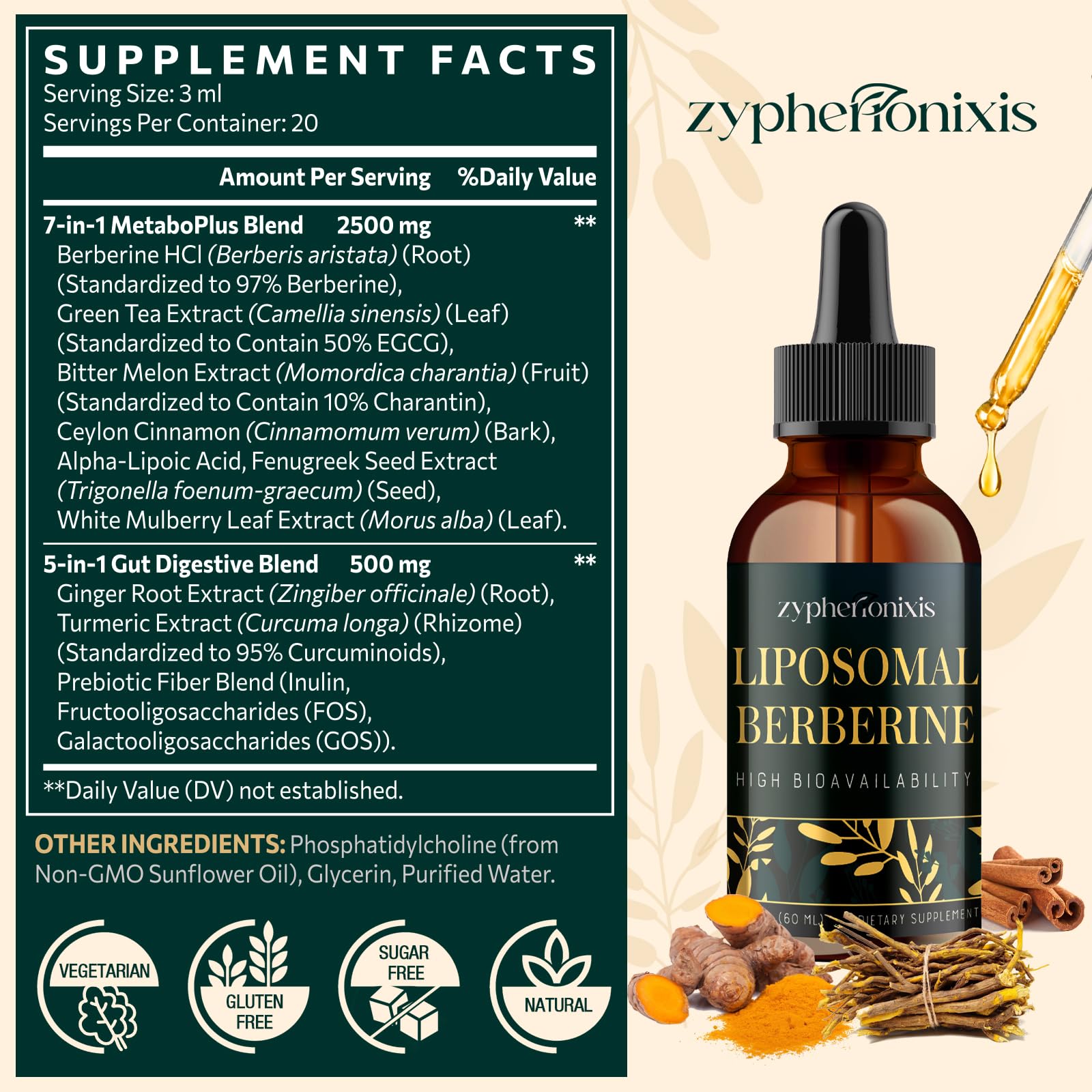 Gotero Zypherionixis Berberine Liposomal para uso rápido bajo la lengua.