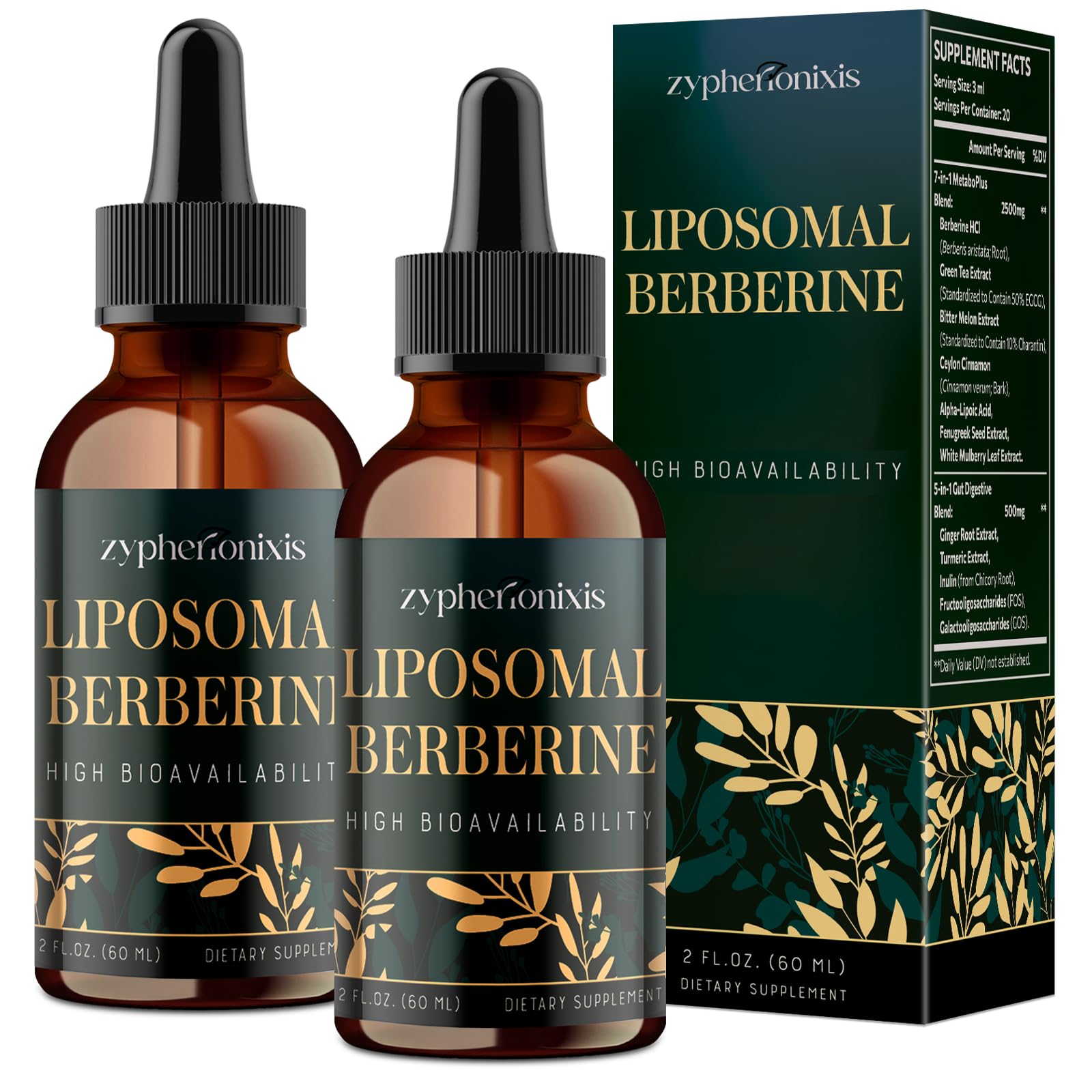 Botella Zypherionixis Liposomal Berberine Drops, dosis diarias fáciles.