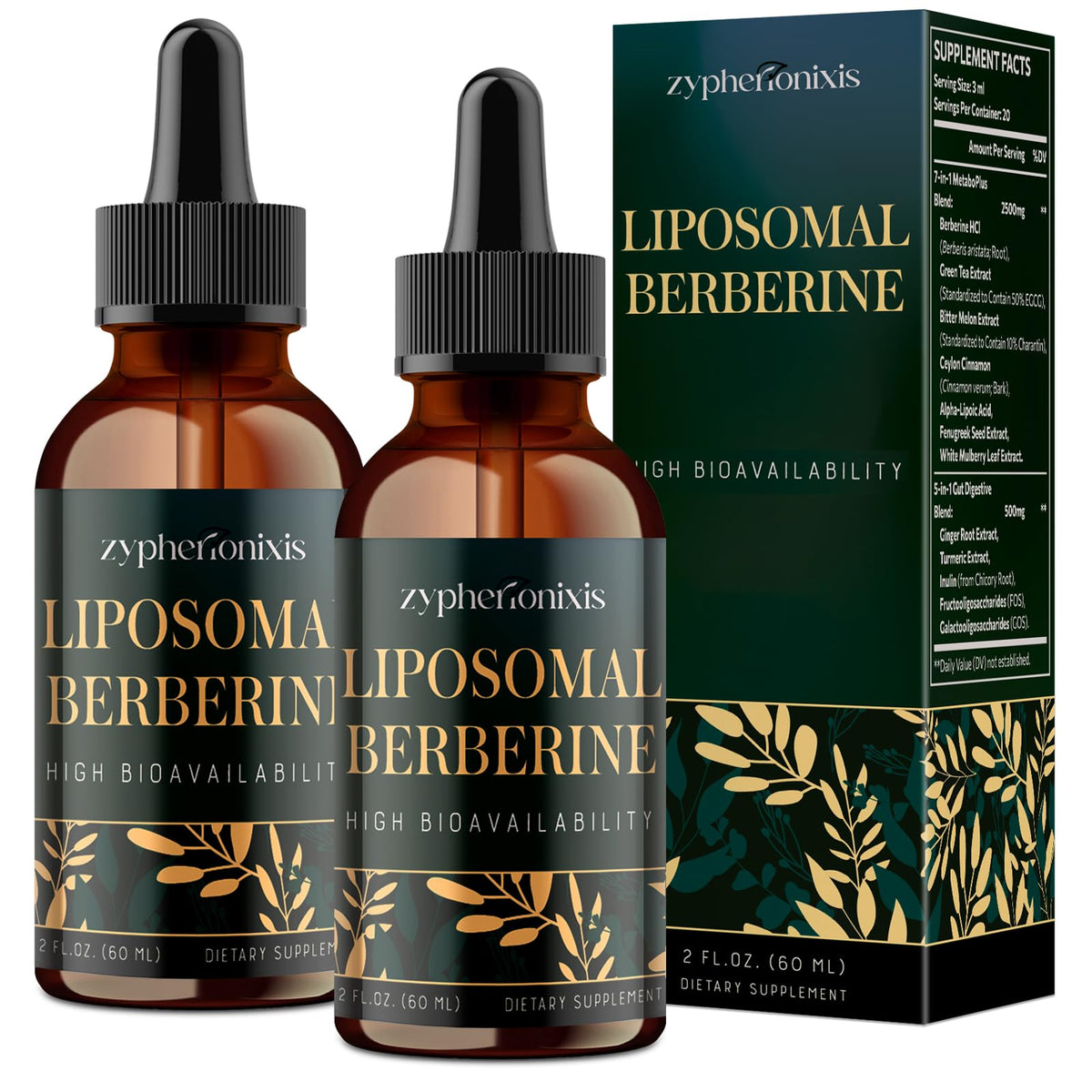 Botella Zypherionixis Liposomal Berberine Drops, dosis diarias fáciles.