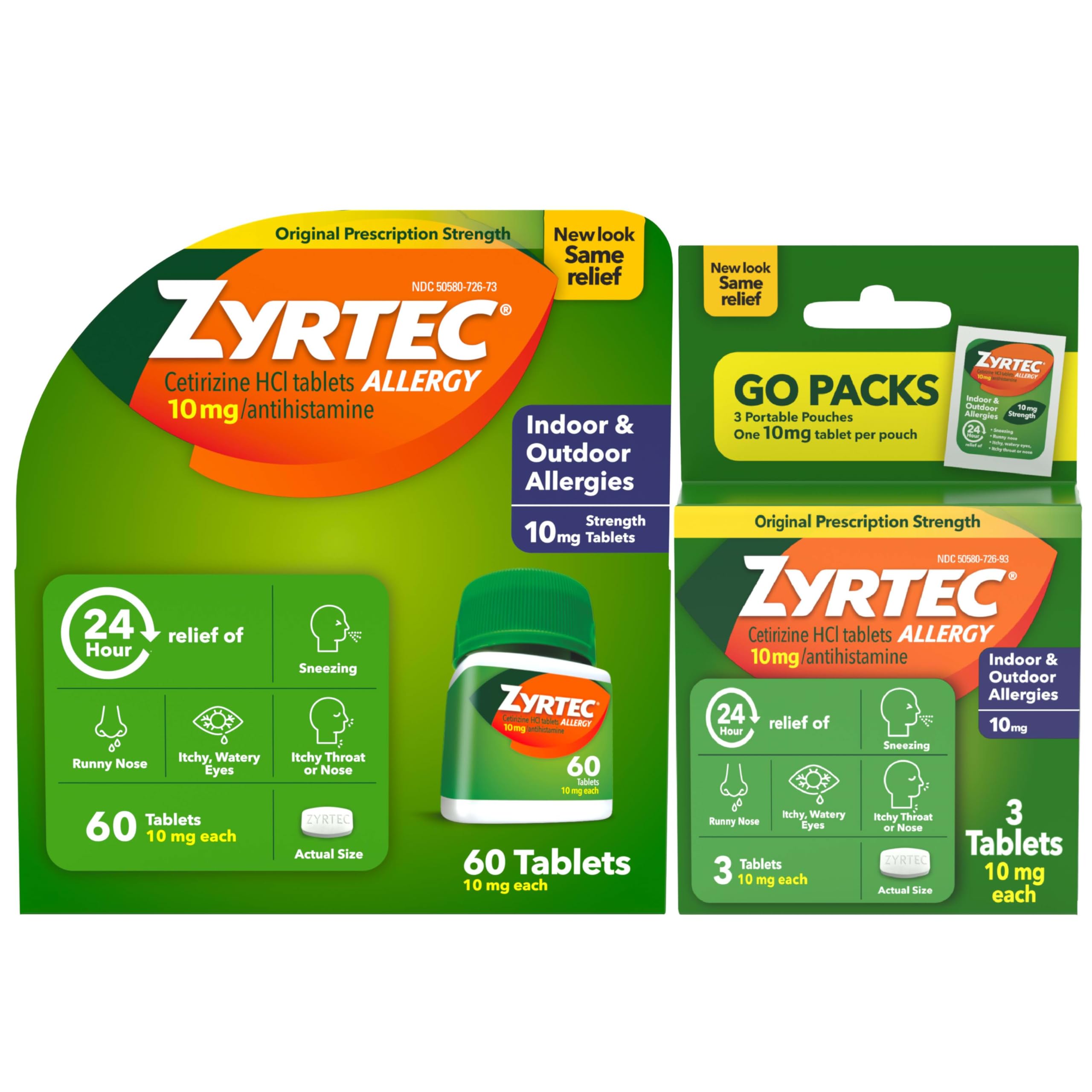 Zyrtec 24h, botella de tabletas para alivio continuo de alergias.