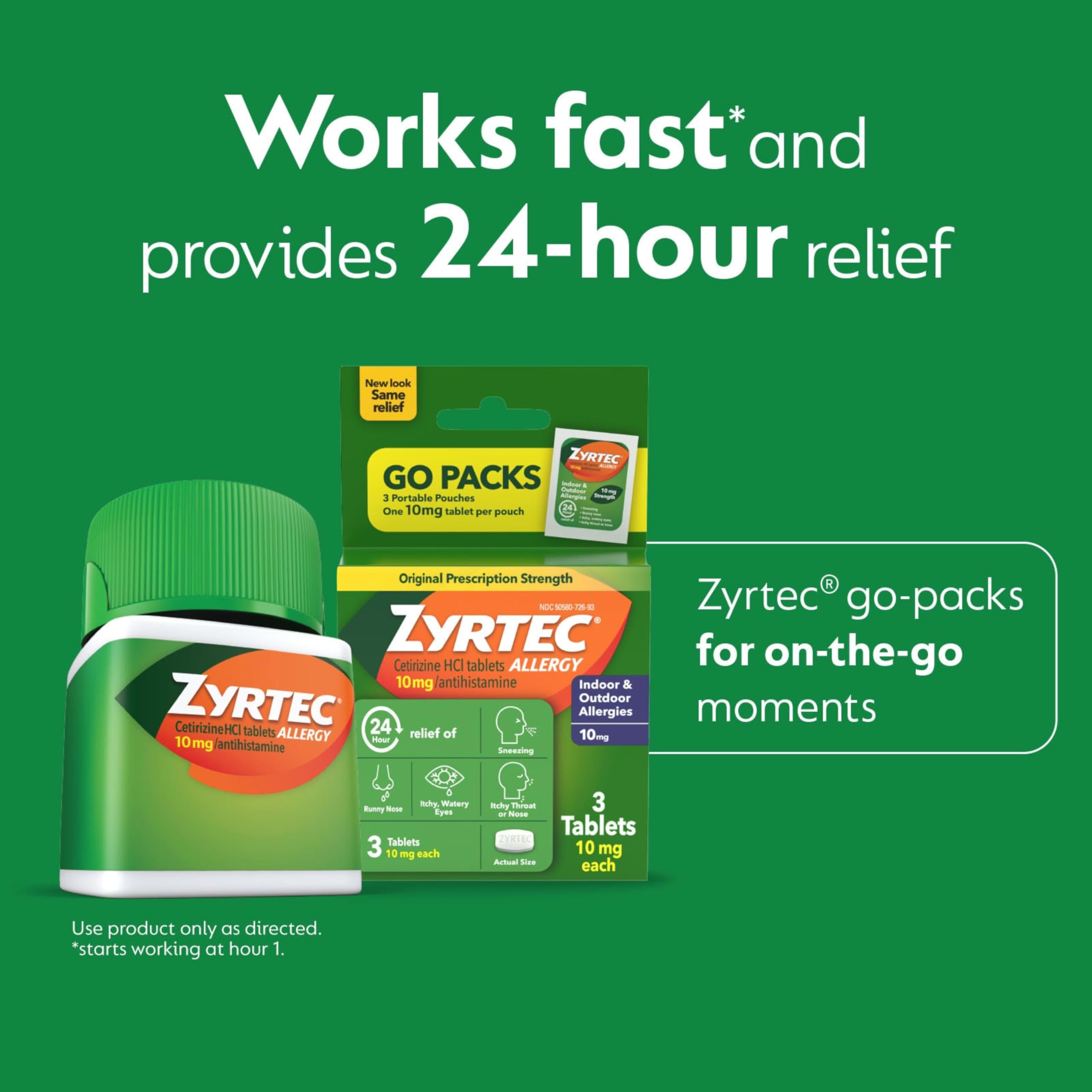 Zyrtec 24h, paquetes de viaje para alivio en movimiento.