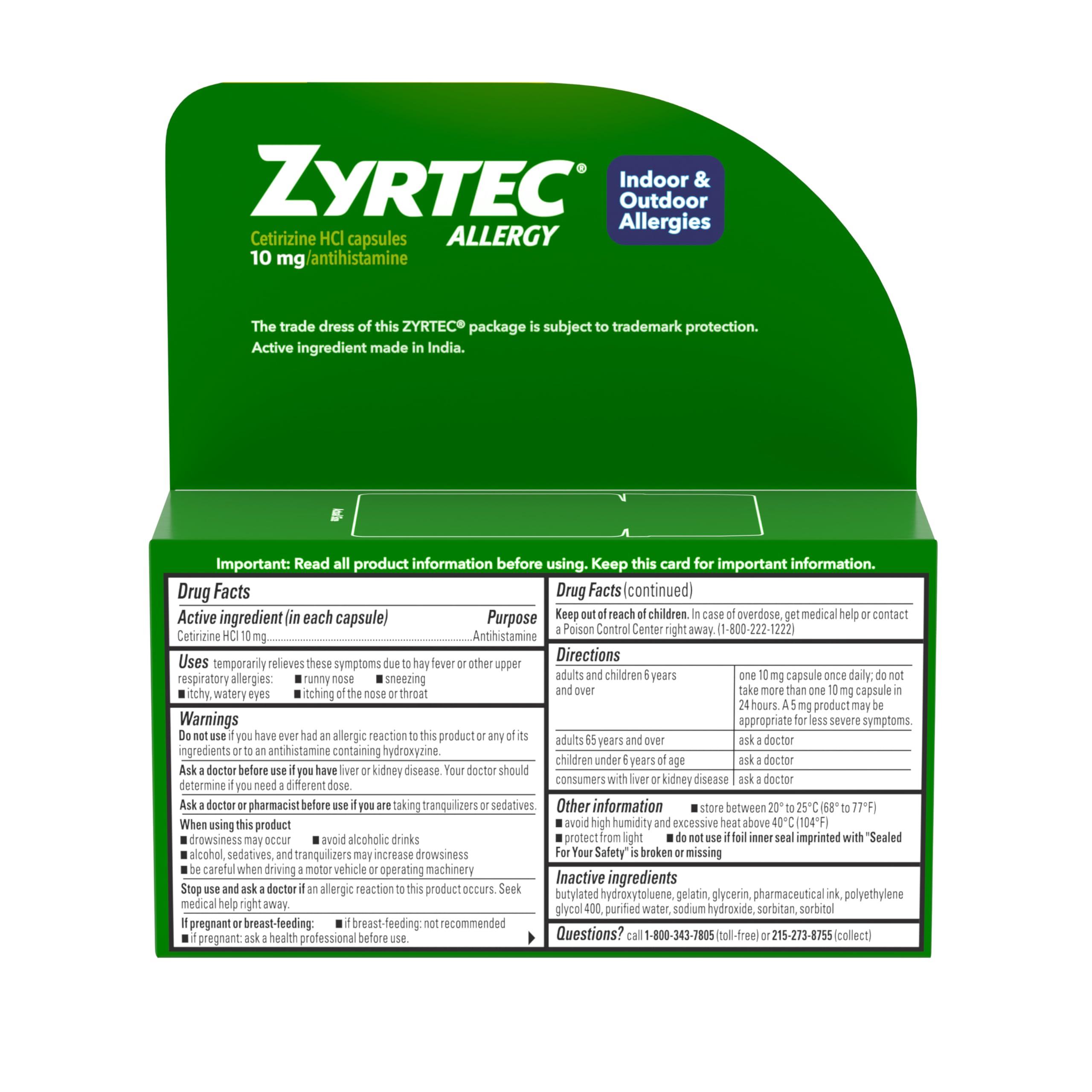 Zyrtec para alergias interiores y exteriores, uso diario.