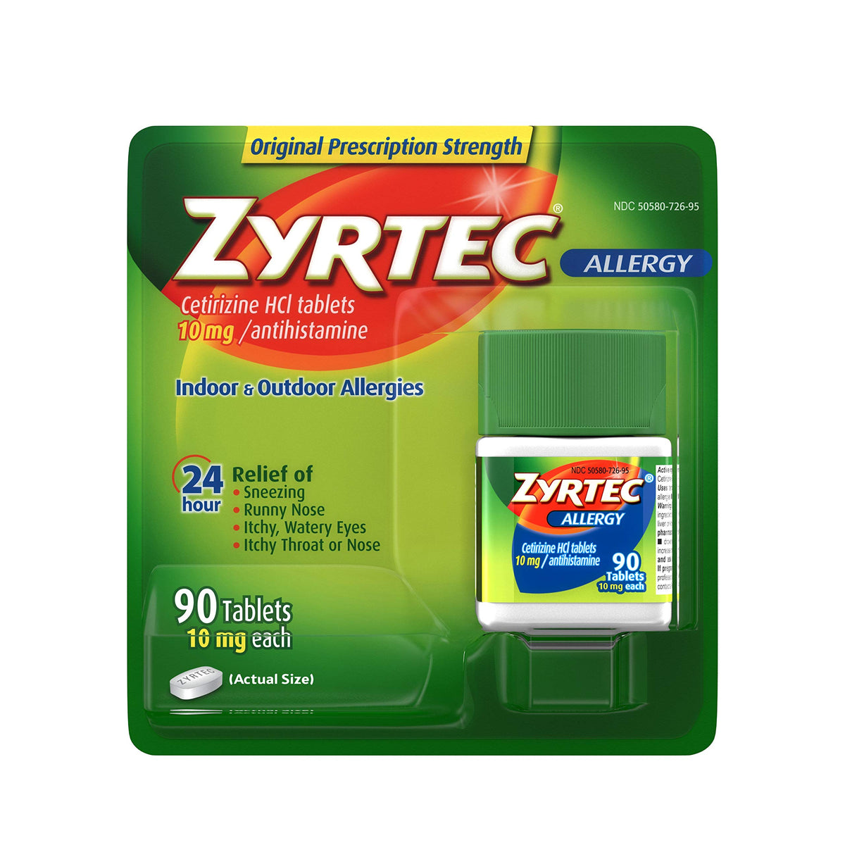 Zyrtec botella de comprimidos para alivio de alergias durante 24 horas.