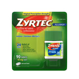 Zyrtec botella de comprimidos para alivio de alergias durante 24 horas.