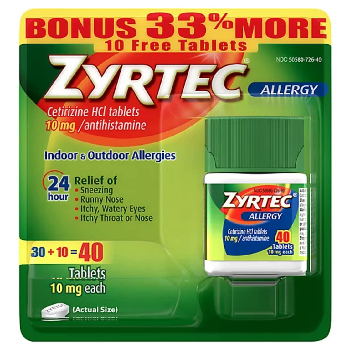 Zyrtec: botella de 40 cápsulas para alergias, uso diario.