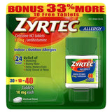 Zyrtec: botella de 40 cápsulas para alergias, uso diario.