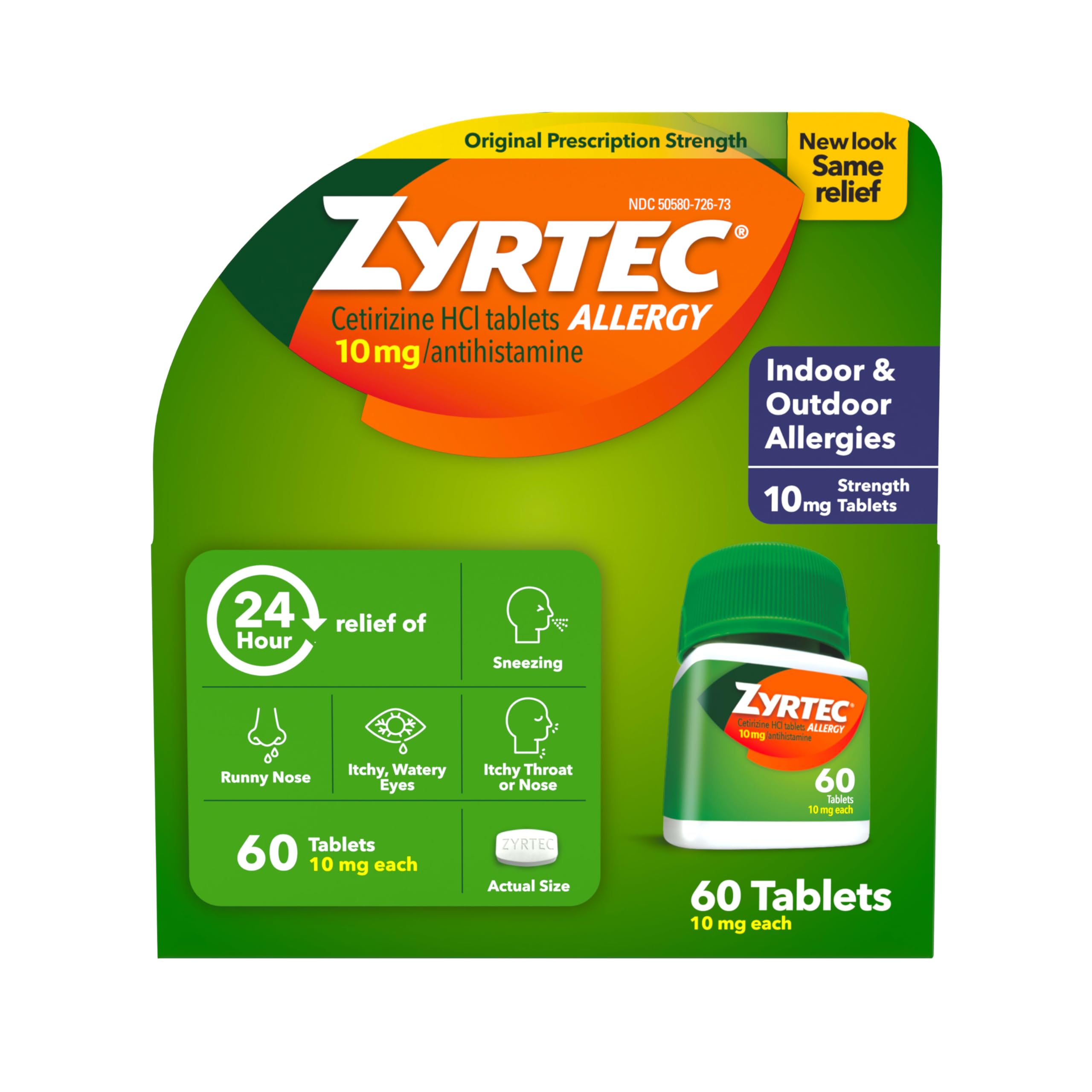 Zyrtec: botella de 60 tabletas para alivio de alergias 24 horas.