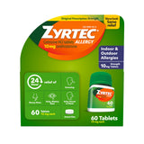 Zyrtec: botella de 60 tabletas para alivio de alergias 24 horas.