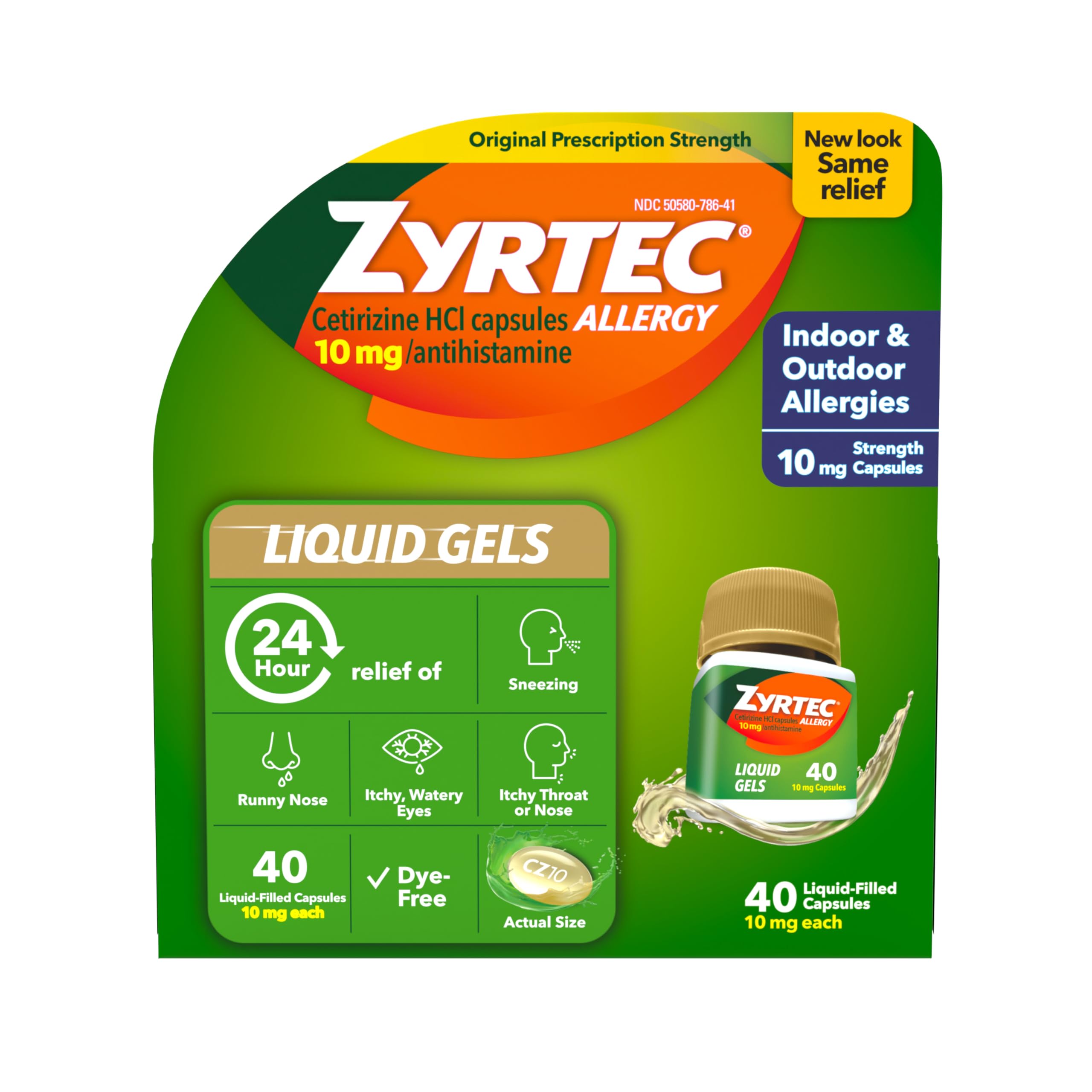 Zyrtec botella: alivio de alergias 24 horas en interiores y exteriores.