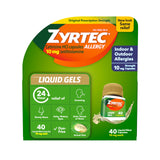 Zyrtec botella: alivio de alergias 24 horas en interiores y exteriores.