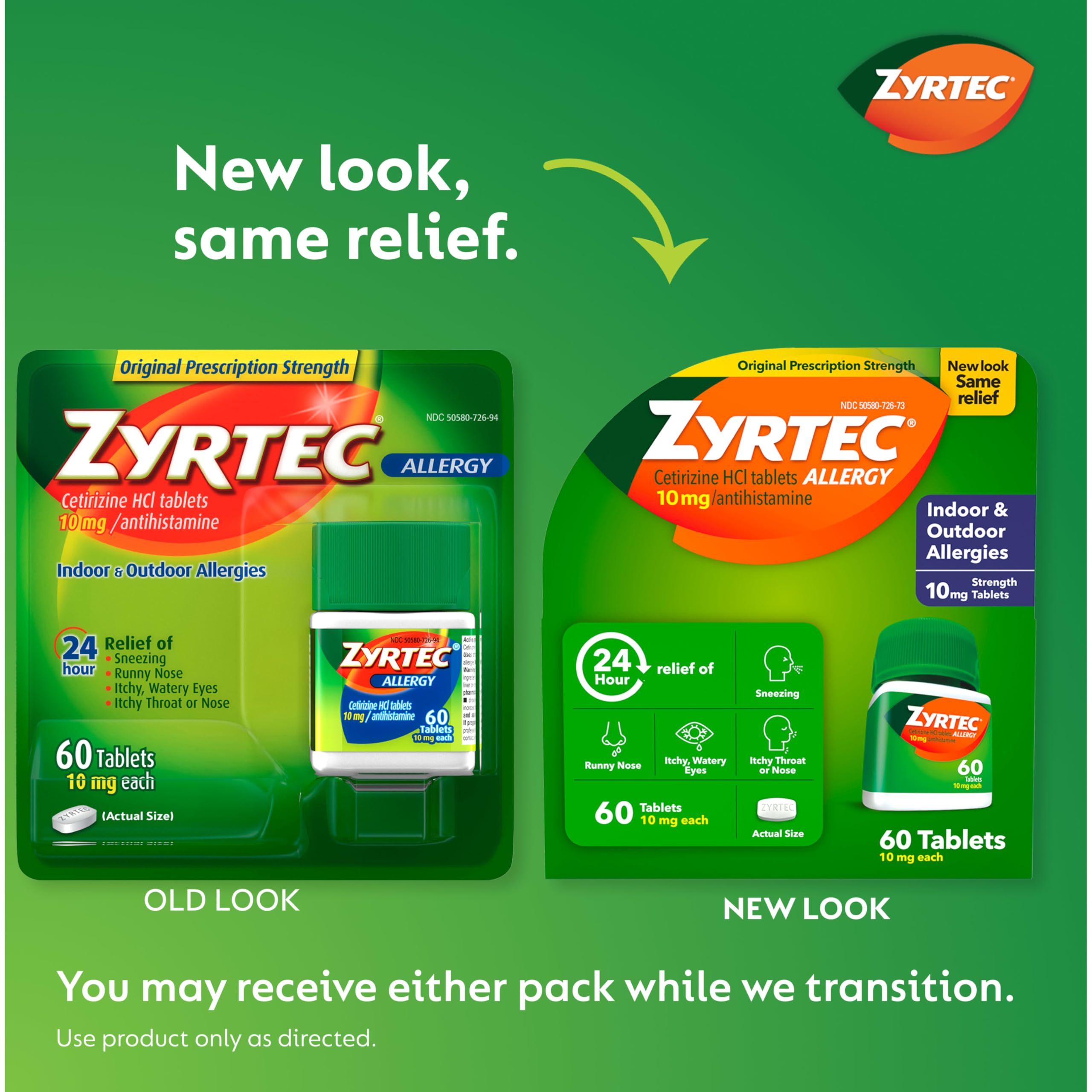 Zyrtec: etiqueta cetirizina 10 mg para alergias.