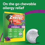 Zyrtec Ninos tableta masticable sabor uva para alivio de síntomas alérgicos.