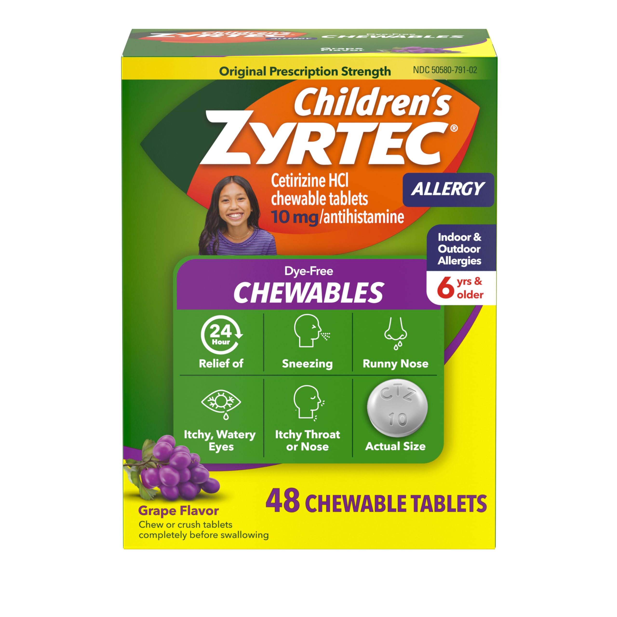 Zyrtec Ninos tabletas masticables sin colorantes con sabor uva y 48 unidades para alergias.