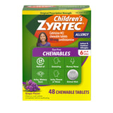 Zyrtec Ninos tabletas masticables sin colorantes con sabor uva y 48 unidades para alergias.