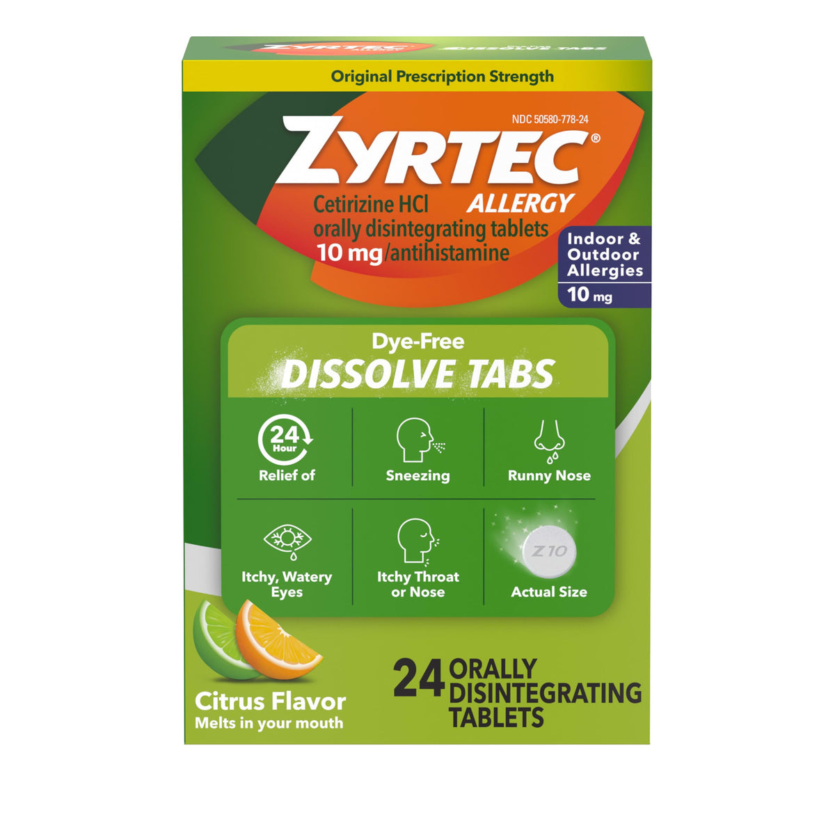 Zyrtec tabletas disolventes cítricas en bote para alivio diario.