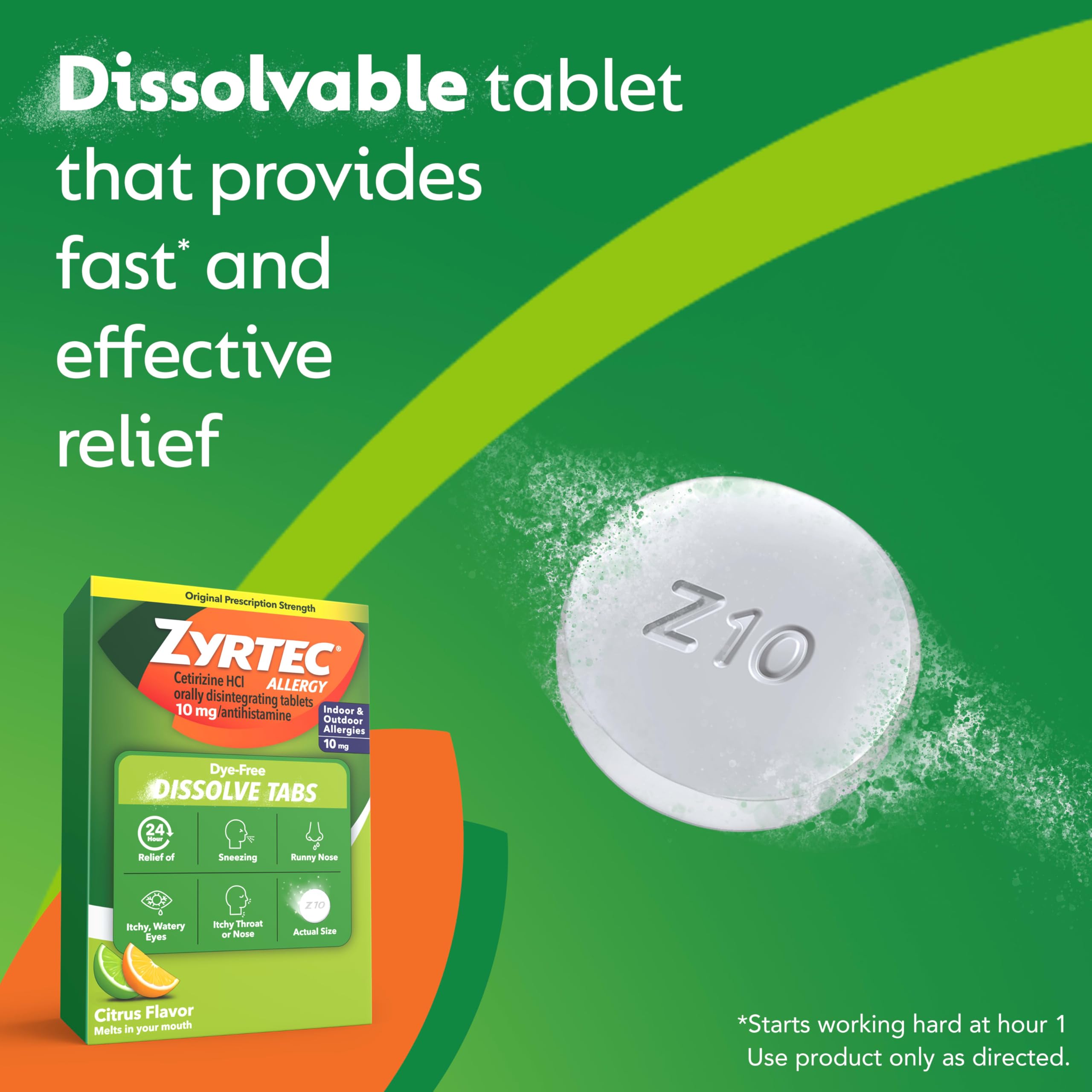 Zyrtec tabletas sin colorantes para alivio de 24 horas.